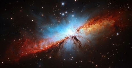 A stunning cosmic image showcasing vibrant colors of a nebula, with bright stars and swirling gases, illustrating the beauty of the universe.