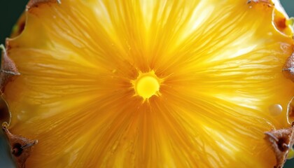 Close-up of juicy pineapple slice with bright yellow texture and radiating patterns. Shows internal structure and details of tropical fruit. Backlit glow highlights raw healthy food.