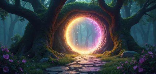 Stickers Meisjeskamer Enchanted forest portal glows with magical light. Stone path leads through mystical trees to an otherworldly dimension. Fantasy nature scene inspires wonder and exploration.  © Viktor