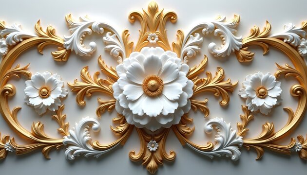 Delicate floral elements in gold, white. Scrollwork style with transparent background. Luxurious finish for cards design. Decoration for festive events. Ornament for wedding ceremony invitations. - Powered by Adobe