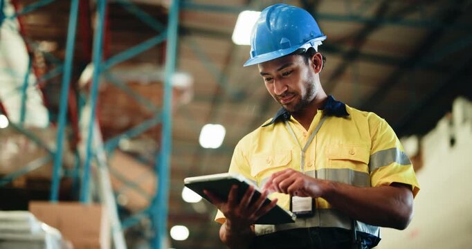 Warehouse, inspection or man scroll with tablet for storage check, export process or transport agenda. Logistics, tech or quality control supervisor in shipping depot, inventory management or below