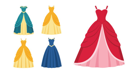 A collection of colorful elegant princess gowns displayed in a simple arrangement