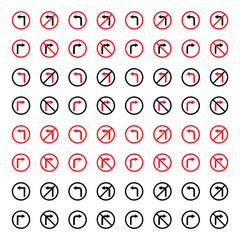 Set of Traffic Directional Symbols No Turn Restriction Signs Vector Illustration.