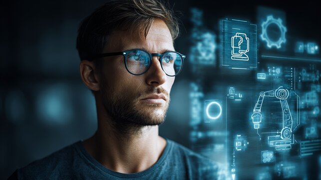 Young handsome smiling businessman in glasses looking at his digital tablet