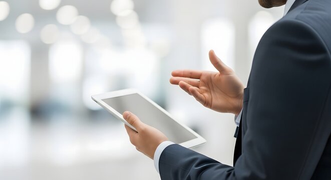 Professional man in a suit holding a tablet and gesturing in a modern office environment. - Powered by Adobe