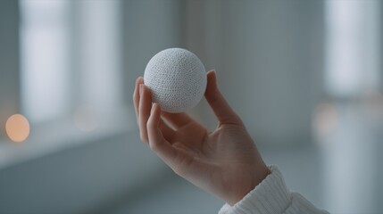 Golfer's hand touching the virtual screen of a driving range display showing a white golf ball on green grass ready for play