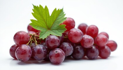 Fresh red grapes with green leaf on vine stem. Ripe juicy fruit, healthy food source. Bunch of organic sweet berries. Delicious vegetarian ingredient for wine, juice, snack, dessert. Antioxidant rich