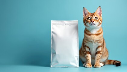 Ginger tabby cat sits next to blank white pet food bag mockup on blue studio background. Product packaging concept for cat food branding and advertising visuals.