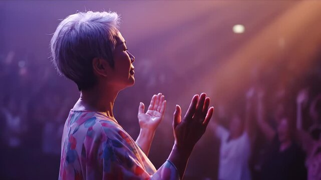 Older woman in prayer hands raised. Senior worship and praise show faith. Congregation silhouettes fill dim church hall. Spiritual service captured with reverent mood. Soft purple light enhances calm.