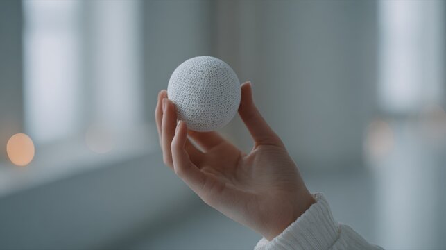 Golfer's hand touching the virtual screen of a driving range display showing a white golf ball on green grass ready for play