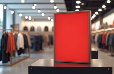 Red sign mockup stays in clothing store. Commercial blank poster template for clothes shop discount announce. Fashion boutique indoors advert billboard with copy space on sale marketing campaign,