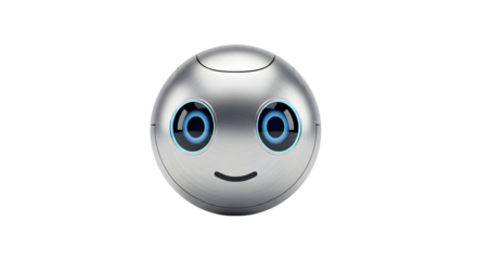 Simple 3D model of a friendly robot head with soft metallic tones, round eyes, and a digital glow. Minimalist design, isolated on white background