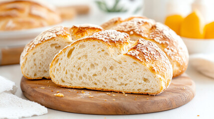 Freshly baked bread, golden crust, perfectly sliced, served on a wooden board, ideal for any meal or gathering.