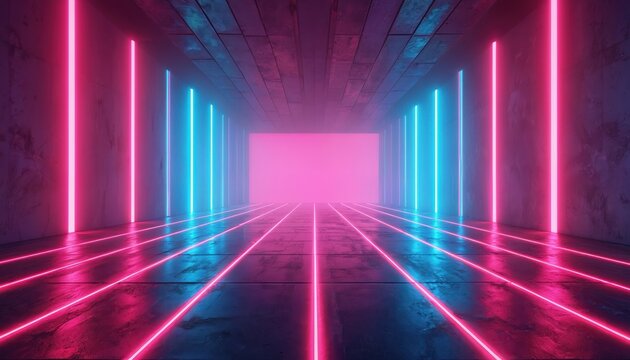 Futuristic tunnel with neon lights pulsing in blue and pink. Concrete floor reflects glowing lines, creating an electric atmosphere for music or events. Vibrant entryway beckons. - Powered by Adobe