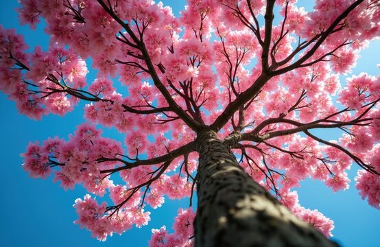 Pink trumpet tree blooms profusely with vibrant pink flowers against clear blue sky. View is from below, looking up into full branches covered in blossoms. Nature scene of ipe rosa in spring.