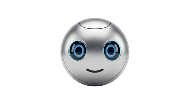 Simple 3D model of a friendly robot head with soft metallic tones, round eyes, and a digital glow. Minimalist design, isolated on white background - Powered by Adobe