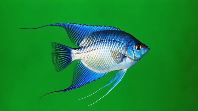 Close up shot of a blue angelfish with long fins swimming in front of a green background green screen fish video