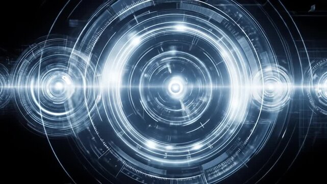 Abstract digital interface with glowing circles and lines on dark background