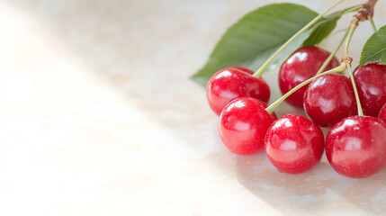 Freshly harvested cherries glistening under natural light. Perfect for summer recipes or healthy snacks.