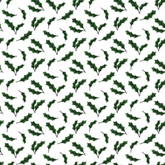 Pattern of green holly leaves on a white background. Flat color seamless texture. New Year, Christmas motif. Botanical graphics for elegant holiday wrapping paper, fabric, and festive web design.