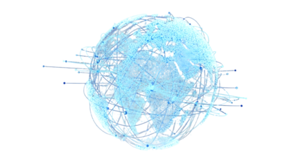 Abstract 3D render of a glowing globe made of interconnected data nodes and digital lines symbolizing AI global connectivity.