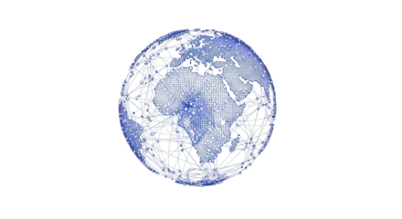 Abstract 3D render of a glowing globe made of interconnected data nodes and digital lines symbolizing AI global connectivity.