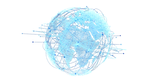 Abstract 3D render of a glowing globe made of interconnected data nodes and digital lines symbolizing AI global connectivity.