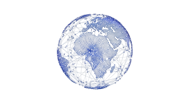 Abstract 3D render of a glowing globe made of interconnected data nodes and digital lines symbolizing AI global connectivity.
