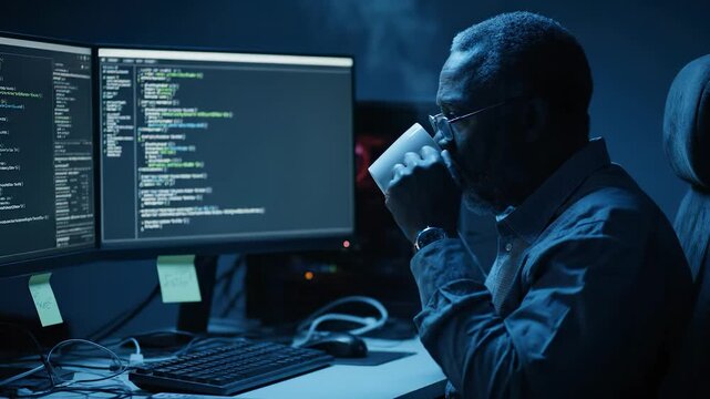 Man coding software on screen. Programmer works at computer monitor. Developer reviews code for cybersecurity technology. Workspace shows server rack nearby. Man holds coffee while concentrating.