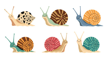 A collection of six adorable pixel art snails with colorful patterned shells in a delightful visual arrangement.