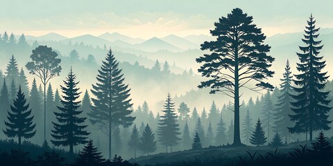 Winter sunset mountain landscape with pine trees, snow, and fog, featuring a scenic cold view