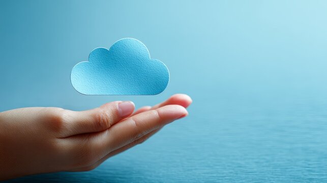 Cloud computing icon: A hand holding a blue speech bubble cloud symbol of internet communication, data, and technology