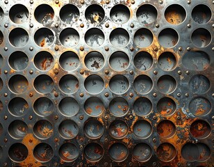 Close-up of a weathered metal plate with circular holes and rust.
