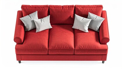 Obraz premium Top view of a red couch with grey pillows
