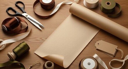 Gift Wrapping Supplies Scissors Ribbons and Kraft Paper for Creative Presents
