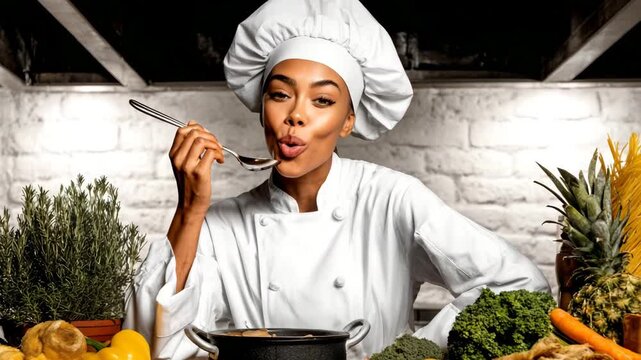 A joyful chef sips a dish from a ladle, expressing complete pleasure at the taste. Footage for culinary blogs, restaurants, and recipes.