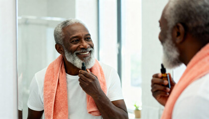 Happy senior african american man applying oil to his grey beard in the bathroom. Mature black man enjoying his morning grooming and self-care routine