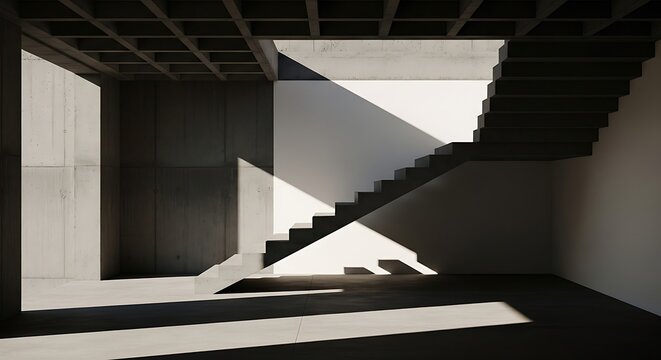 Modern Concrete Interior With Sunlight Casting Shadows On Stairs architecture black and white