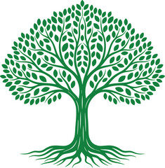 Stylized tree illustration with symmetrical green foliage and roots, nature-inspired vector design symbolizing growth, life, and balance, eco-friendly graphic element