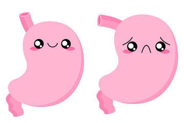 Healthy and sick stomach character. Cartoon internal organs. Gastritis and heartburn. Improper diet, acid, infection. Stock vector illustration isolated on white background.