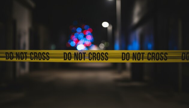 Yellow do not cross police tape stretched across a dark urban street at night, marking a restricted crime scene with blurred bokeh lights and emergency colors in the background - Powered by Adobe
