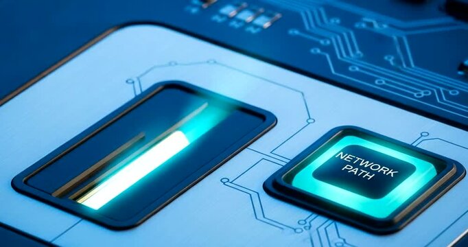 A hand inserts a golden shield card labeled shieldone into a slot on a futuristic circuit board with a glowing blue network path button, symbolizing digital security and network access.