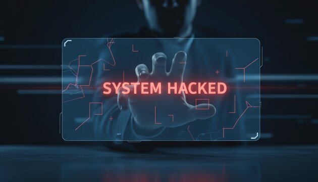 Hacker performing illegal activity by touching a digital interface displaying a system hacked warning, representing data breach, security threat, and cybercrime
