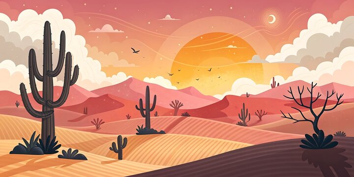A vector illustration of a desert landscape featuring a tree silhouette against an orange sunset sky and mountains on the horizon