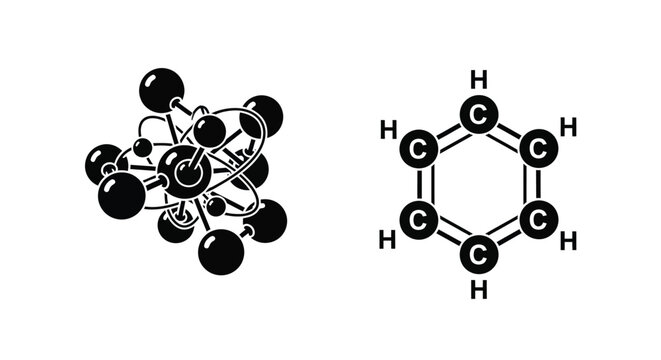 Molecular structure depictions of benzene ball and stick and skeletal formulas
