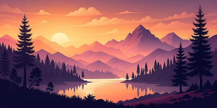 Beautiful nature landscape of sunrise or sunset over snowy mountain peaks with mist and fog in the valley