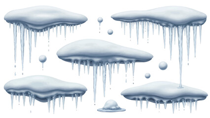 Vector illustration of collection of melting icicles and snow formations with small snowballs on a transparent background