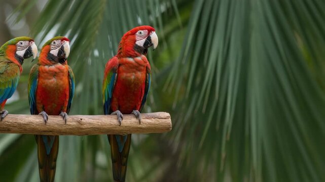 Three colorful macaws perched on branch