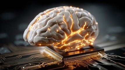 A detailed 3D model of a human brain positioned over a circuit board, showcasing glowing neural pathways.