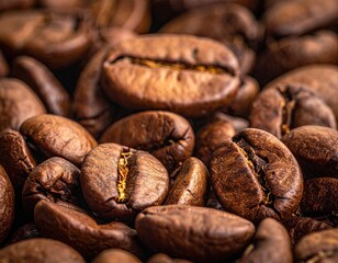 Close Up Shot of Pile of Roasted Coffee Beans Rich Brown Tones Highlighted Details and Textured Surfaces Macro View Warm Lighting